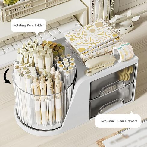Desk Organizer with Rotating Pencil Pen Holder and 2 Small Drawers, Desk Caddy for Office Workspace Organization and Storage (White) in Saudi Arabia