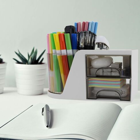 Desk Organizer with Rotating Pencil Pen Holder and 2 Small Drawers, Desk Caddy for Office Workspace Organization and Storage (White) in Saudi Arabia