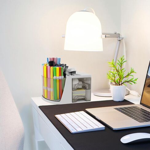 Desk Organizer with Rotating Pencil Pen Holder and 2 Small Drawers, Desk Caddy for Office Workspace Organization and Storage (White) in Saudi Arabia