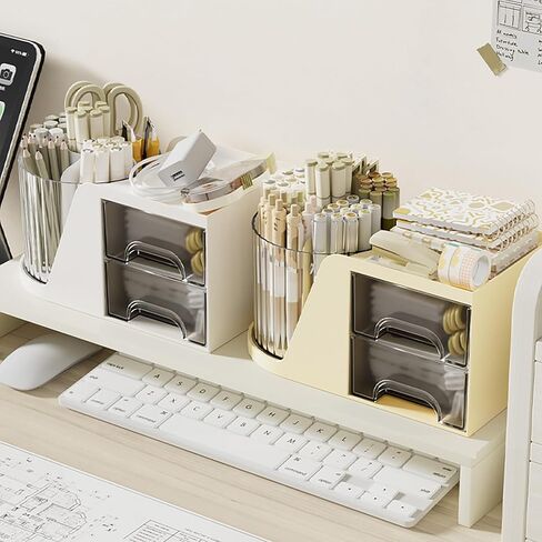 Desk Organizer with Rotating Pencil Pen Holder and 2 Small Drawers, Desk Caddy for Office Workspace Organization and Storage (White) in Saudi Arabia