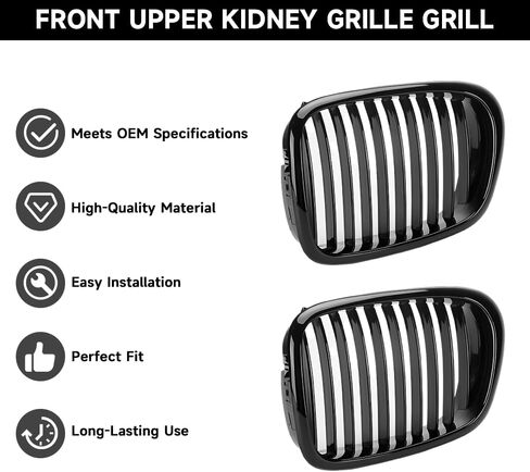 2PCS Front Kidney Grille Grill for BMW E39 | for BMW 528i 1997-2000 Base 2.8L L6 - Gas / 540i 1999-2003 Base 4.4L V8 - Gas | 4 Door Sedan | Glossy Black in Saudi Arabia