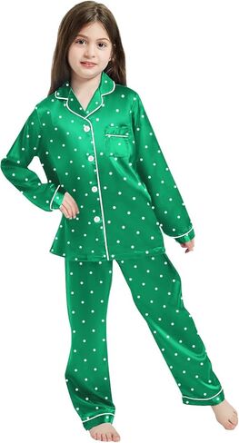 Girls & Womens Satin Pajamas Set, Silk Long Sleeve Nightwear Button-Down Sleepwear, 3 Years - Women XXL in Saudi Arabia