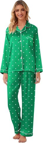 Girls & Womens Satin Pajamas Set, Silk Long Sleeve Nightwear Button-Down Sleepwear, 3 Years - Women XXL in Saudi Arabia
