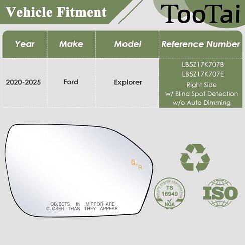 Passenger Side Mirror Glass Compatible with Ford vehicles - Explorer 2020-2025 - Heated with Blind Spot Detect, without Auto Dimming, RH, LB5Z17K707B in Saudi Arabia