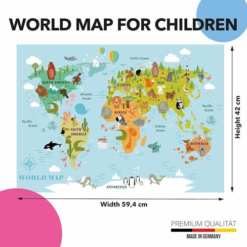 Lineo® Kids World Map for Children - Large Educational World Map Poster for Young Explorers with Animals, Continents & Landmarks - Wall Art Print 24 x 16.5 inches in Saudi Arabia