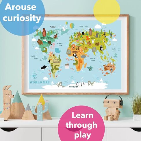 Lineo® Kids World Map for Children - Large Educational World Map Poster for Young Explorers with Animals, Continents & Landmarks - Wall Art Print 24 x 16.5 inches in Saudi Arabia