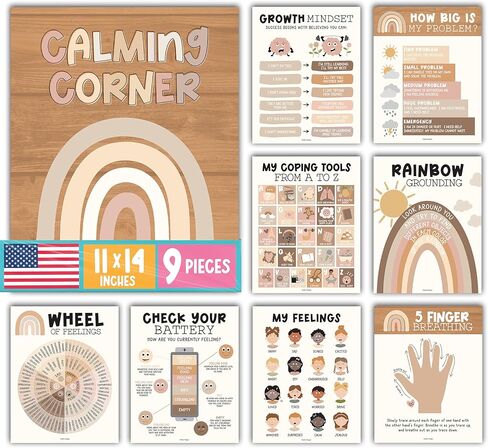 9 Boho Calming Corner Posters For Classroom Must Haves For Teachers - Calm Down Corner Supplies Elementary, Feelings Chart For Kids Ages 4-8, Emotions Chart For Kids, Calming Corner Items Kids in Saudi Arabia