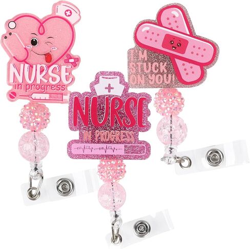 SaKDKmo 3Pcs Cute Student Nurse Badge Reels Nursing School Success Bundle Reel Holder Funny Name Tag Retractable Clip for Nurses Doctors ID Name Cards Lanyards (Pink Lovely Style) in Saudi Arabia
