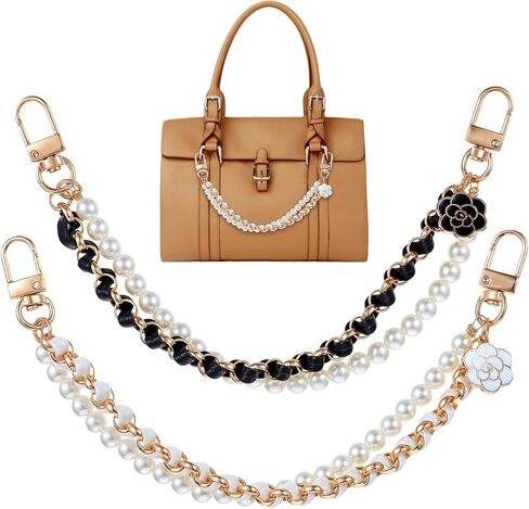 2Pcs Pearl Purse Chains Extender 10 Inch Black Handbag Straps Crossbody Bag with Cute Flower Purses Strap Replacement Purse Accessories Bag Charms for Women in Saudi Arabia