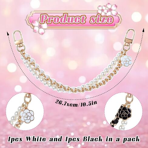 2Pcs Pearl Purse Chains Extender 10 Inch Black Handbag Straps Crossbody Bag with Cute Flower Purses Strap Replacement Purse Accessories Bag Charms for Women in Saudi Arabia