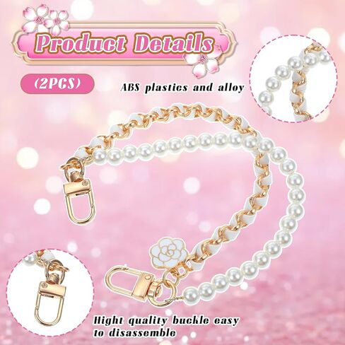 2Pcs Pearl Purse Chains Extender 10 Inch Black Handbag Straps Crossbody Bag with Cute Flower Purses Strap Replacement Purse Accessories Bag Charms for Women in Saudi Arabia