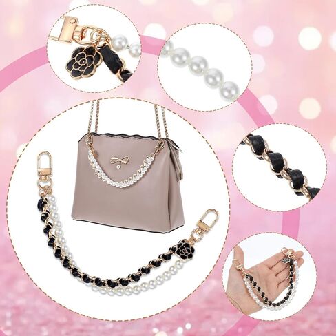 2Pcs Pearl Purse Chains Extender 10 Inch Black Handbag Straps Crossbody Bag with Cute Flower Purses Strap Replacement Purse Accessories Bag Charms for Women in Saudi Arabia