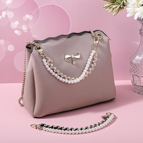 2Pcs Pearl Purse Chains Extender 10 Inch Black Handbag Straps Crossbody Bag with Cute Flower Purses Strap Replacement Purse Accessories Bag Charms for Women in Saudi Arabia