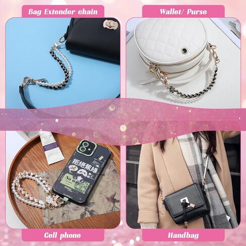 2Pcs Pearl Purse Chains Extender 10 Inch Black Handbag Straps Crossbody Bag with Cute Flower Purses Strap Replacement Purse Accessories Bag Charms for Women in Saudi Arabia