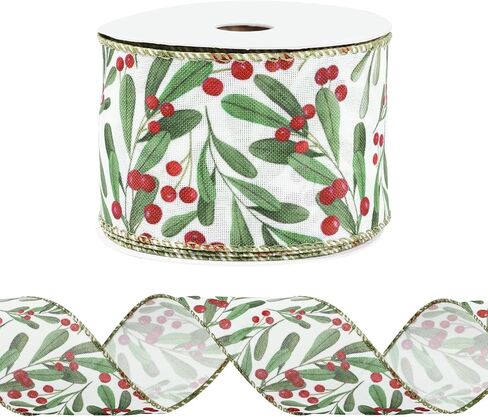 Christmas Wired Edge Ribbon Xmas Holly Berry Craft Ribbons Decorative Fabric Ribbon for DIY Crafts Winter Wreath Bow Making, 12 Yards in Saudi Arabia