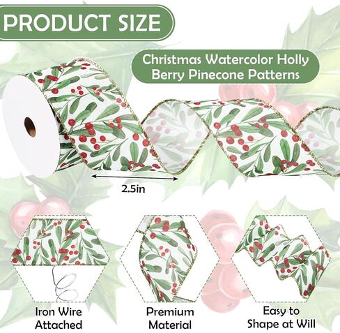 Christmas Wired Edge Ribbon Xmas Holly Berry Craft Ribbons Decorative Fabric Ribbon for DIY Crafts Winter Wreath Bow Making, 12 Yards in Saudi Arabia