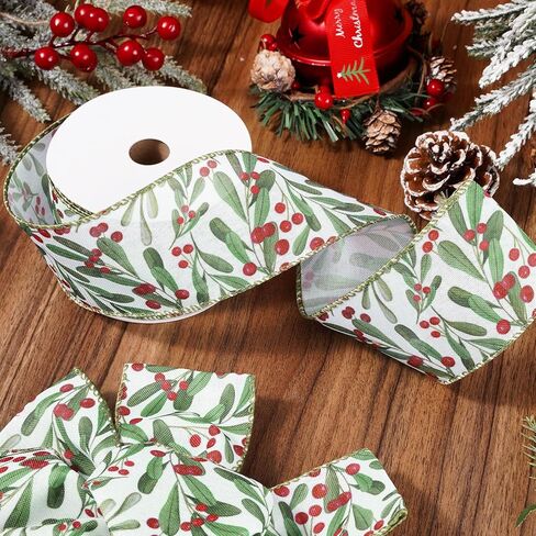 Christmas Wired Edge Ribbon Xmas Holly Berry Craft Ribbons Decorative Fabric Ribbon for DIY Crafts Winter Wreath Bow Making, 12 Yards in Saudi Arabia