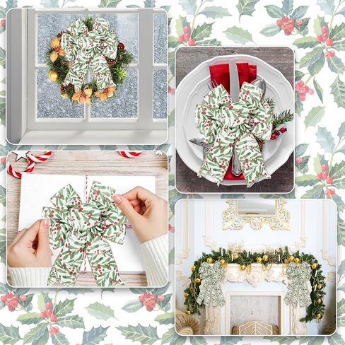 Christmas Wired Edge Ribbon Xmas Holly Berry Craft Ribbons Decorative Fabric Ribbon for DIY Crafts Winter Wreath Bow Making, 12 Yards in Saudi Arabia