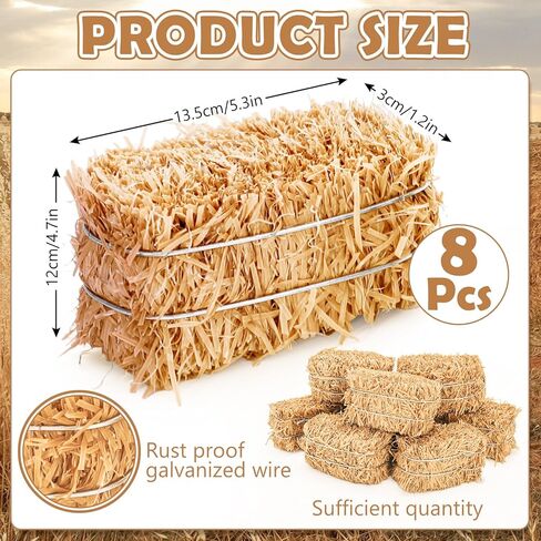 8 Pcs Mini Hay Bales Small Decorative Straw Bale for Thanksgiving Fall Harvest Christmas Nativity Scene Craft Dollhouse Farm Halloween Party Table Decoration, 5.3 x 4.7 x 1.2 Inch in Saudi Arabia