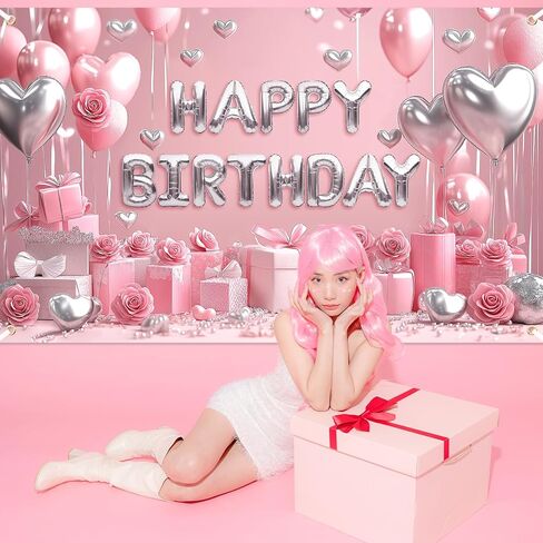 Avezano Pink Happy Birthday Banner for Women Girls Pink Birthday Decorations Banner Princess Backdrop for Indoor Outdoor Party Supplies (6x3.6ft) in Saudi Arabia