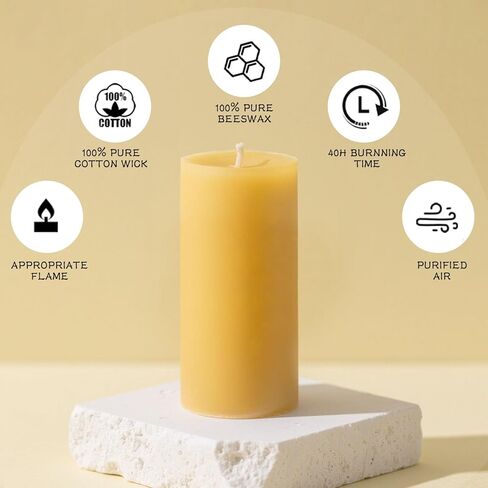 3 قطع شموع عمودية من شمع النحل الطبيعي، شموع شمع النحل النقي 100%، وقت احتراق 35 ساعة، شموع عمودية 1.85 × 3.8 بوصة بدون دخان وبدون قطرات مع رائحة طبيعية لحفلات الصلاة لديكور المنزل (3 قطع) in Kuwait