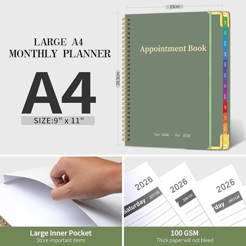 2026 Appointment Book/Planner - 2026 Daily Hourly Planner from Jan. 2026 - Dec. 2026, Weekly appointment Book 2026, 2026 Hourly planner with 20-Minute Interval, 9" x 11", Twin-Wire Binding, Colorful Tabs, Pocket - Green in Saudi Arabia