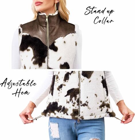 Women's Fuzzy Cow Print Vest Cozy Lightweight Sherpa Fleece Vest for Women Sleeveless Outerwear with Pockets in Saudi Arabia
