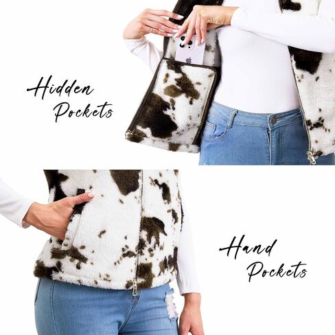Women's Fuzzy Cow Print Vest Cozy Lightweight Sherpa Fleece Vest for Women Sleeveless Outerwear with Pockets in Saudi Arabia