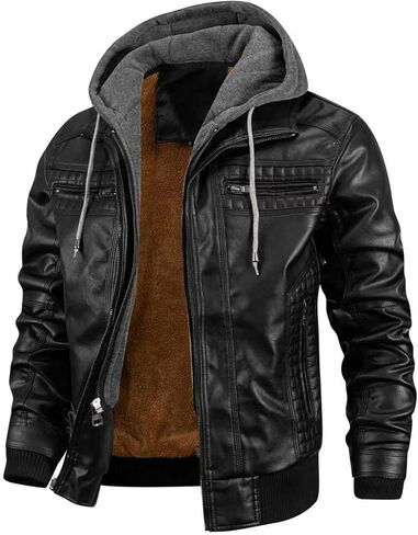 INVACHI Men's Casual Faux Leather Jacket Motorcycle Bomber Stand Collar Jacket with Removable Hood in Kuwait
