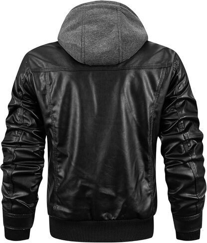 INVACHI Men's Casual Faux Leather Jacket Motorcycle Bomber Stand Collar Jacket with Removable Hood in Kuwait
