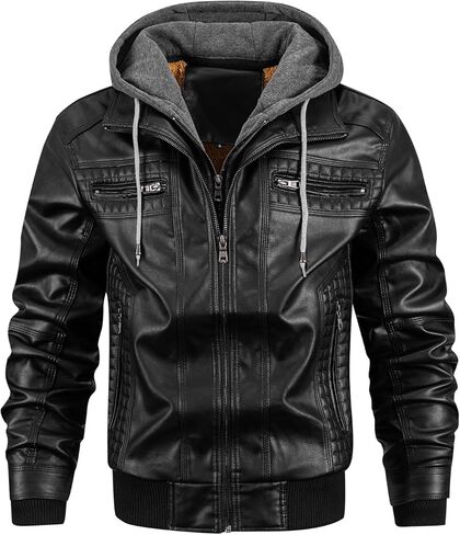 INVACHI Men's Casual Faux Leather Jacket Motorcycle Bomber Stand Collar Jacket with Removable Hood in Kuwait
