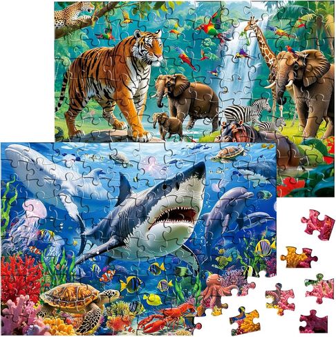 Puzzles for Kids Ages 4-6, 2 x 100 Pieces Jigsaw Puzzles for Kids Ages 3 4 5 6, Forest Animals and Underwater Ocean Puzzle Learning & Educational Games Birthday Xmas Gift for Boys Girls Toddlers 3-8 in Saudi Arabia