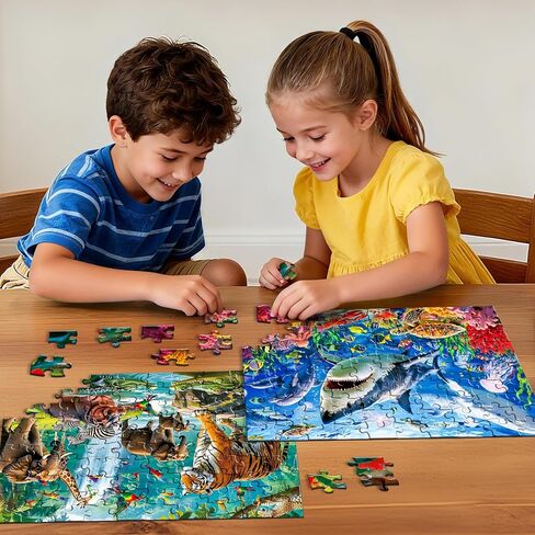 Puzzles for Kids Ages 4-6, 2 x 100 Pieces Jigsaw Puzzles for Kids Ages 3 4 5 6, Forest Animals and Underwater Ocean Puzzle Learning & Educational Games Birthday Xmas Gift for Boys Girls Toddlers 3-8 in Saudi Arabia