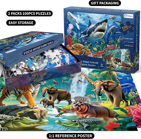 Puzzles for Kids Ages 4-6, 2 x 100 Pieces Jigsaw Puzzles for Kids Ages 3 4 5 6, Forest Animals and Underwater Ocean Puzzle Learning & Educational Games Birthday Xmas Gift for Boys Girls Toddlers 3-8 in Saudi Arabia