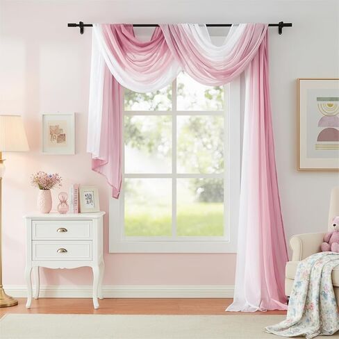 Pink Ombre Chiffon Sheer Window Scarf Valance Living Room 216 Inch Long | Curtain 18ft for Girls Bedroom Decor, 52"W Crinkle Soft Window Semi Sheer Valance for Holiday, Wedding Party Decor, 1 Piece in Saudi Arabia