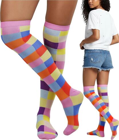 ToBeInStyle Women’s Fun Jester Pattern Polka Dot & Striped Thigh High Stockings in Kuwait