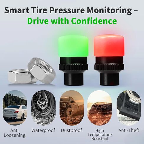 4 Pack 35PSI Flashing LED Tire Pressure Monitoring Valve Caps, Schrader Valve Fit, 1-Year Battery, Anti-Theft Lock, Aluminum Alloy – Universal for Car, SUV, Motorcycle, E-Bike (Black) in Saudi Arabia