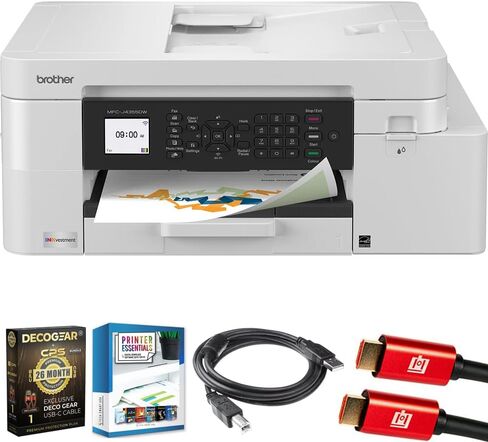 حزمة طابعة Brother INKvestment MFC-J4355DW اللاسلكية الكل في واحد النافثة للحبر مع حزمة حماية لمدة 26 شهرًا من Deco Gear CPS، وأساسيات الطابعة Tech Smart USA، وكابل الطابعة الأساسية Deco وكابل HDMI in Saudi Arabia