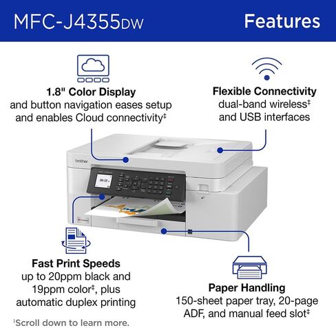 حزمة طابعة Brother INKvestment MFC-J4355DW اللاسلكية الكل في واحد النافثة للحبر مع حزمة حماية لمدة 26 شهرًا من Deco Gear CPS، وأساسيات الطابعة Tech Smart USA، وكابل الطابعة الأساسية Deco وكابل HDMI in Saudi Arabia