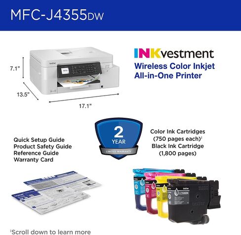 حزمة طابعة Brother INKvestment MFC-J4355DW اللاسلكية الكل في واحد النافثة للحبر مع حزمة حماية لمدة 26 شهرًا من Deco Gear CPS، وأساسيات الطابعة Tech Smart USA، وكابل الطابعة الأساسية Deco وكابل HDMI in Saudi Arabia
