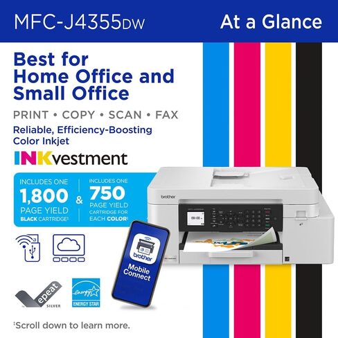 حزمة طابعة Brother INKvestment MFC-J4355DW اللاسلكية الكل في واحد النافثة للحبر مع حزمة حماية لمدة 26 شهرًا من Deco Gear CPS، وأساسيات الطابعة Tech Smart USA، وكابل الطابعة الأساسية Deco وكابل HDMI in Saudi Arabia