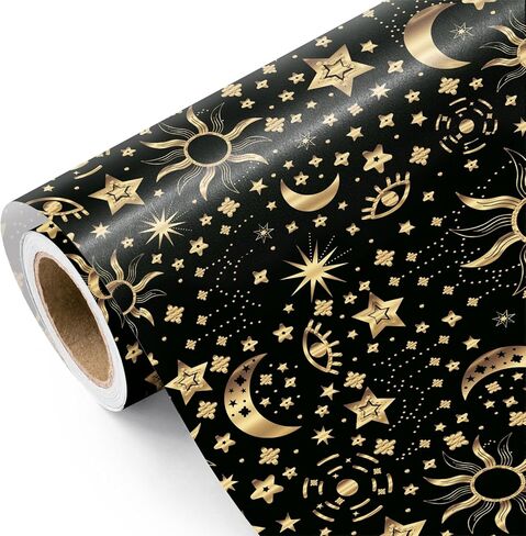 لفافة ورق تغليف جالاكسي من WRAPAHOLIC - لفافة صغيرة - 17 بوصة × 16.5 قدم - ورق تغليف سماوي باللونين الأسود والذهبي لنجمة الفضاء القمرية لأعياد الميلاد والزفاف وحفلات استقبال المولود الجديد in Saudi Arabia