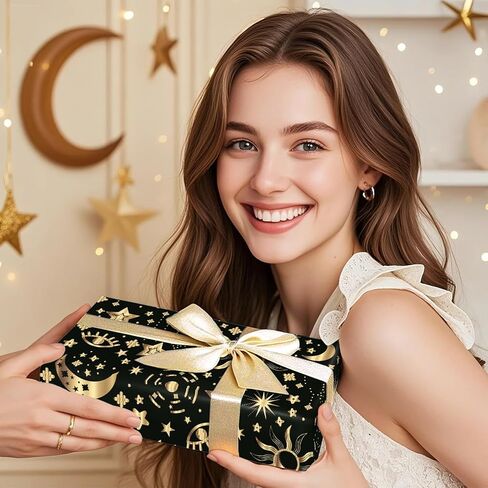 لفافة ورق تغليف جالاكسي من WRAPAHOLIC - لفافة صغيرة - 17 بوصة × 16.5 قدم - ورق تغليف سماوي باللونين الأسود والذهبي لنجمة الفضاء القمرية لأعياد الميلاد والزفاف وحفلات استقبال المولود الجديد in Saudi Arabia