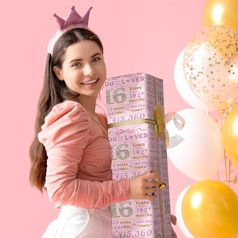 LeZakaa 16th Girls Birthday Wrapping Paper, Sparkling Pink & Gold Design, You Have Been Loved For 16 Years, Bow, Hearts, 16 Years Old, for Girls' Birthday Party Gifts, 17 Inches x 16.4 Feet in Saudi Arabia