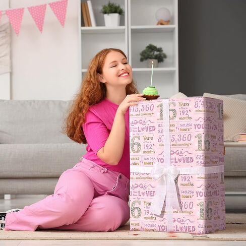 LeZakaa 16th Girls Birthday Wrapping Paper, Sparkling Pink & Gold Design, You Have Been Loved For 16 Years, Bow, Hearts, 16 Years Old, for Girls' Birthday Party Gifts, 17 Inches x 16.4 Feet in Saudi Arabia