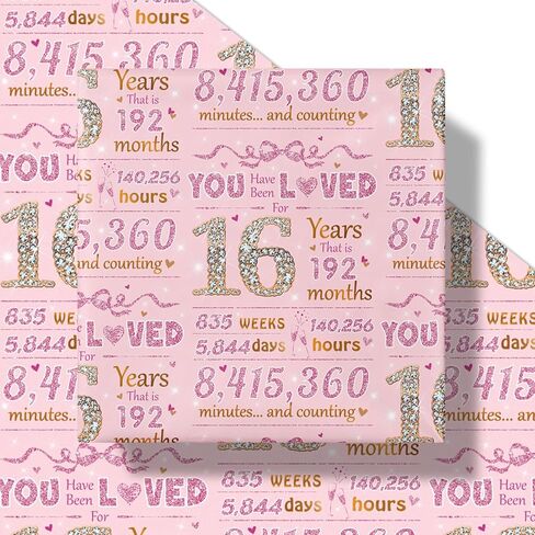 LeZakaa 16th Girls Birthday Wrapping Paper, Sparkling Pink & Gold Design, You Have Been Loved For 16 Years, Bow, Hearts, 16 Years Old, for Girls' Birthday Party Gifts, 17 Inches x 16.4 Feet in Saudi Arabia