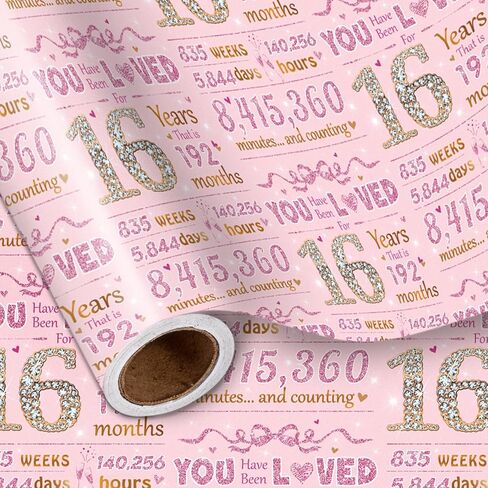 LeZakaa 16th Girls Birthday Wrapping Paper, Sparkling Pink & Gold Design, You Have Been Loved For 16 Years, Bow, Hearts, 16 Years Old, for Girls' Birthday Party Gifts, 17 Inches x 16.4 Feet in Saudi Arabia