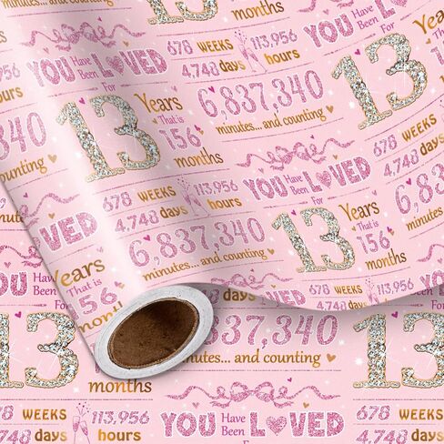LeZakaa 16th Girls Birthday Wrapping Paper, Sparkling Pink & Gold Design, You Have Been Loved For 16 Years, Bow, Hearts, 16 Years Old, for Girls' Birthday Party Gifts, 17 Inches x 16.4 Feet in Saudi Arabia
