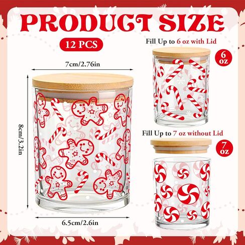 Whaline 12 Pcs Christmas Glass Candle Jars with Cork Lids Red Peppermint Gingerbread Candy Cane Clear Empty Container for Candle Making Storing Xmas Holiday Party Decor in Saudi Arabia