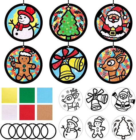JarThenaAMCS 24 Sets Christmas Tissue Paper Craft Kits DIY Xmas Tree Snowman Santa Gingerbread Man Elk Bell Craft with Paper Cutout Sticker Hemp Rope for Holiday Party Home Activity Decorations in Saudi Arabia